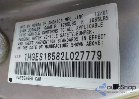 2002 Honda Civic Lx из США, поврежденный, VIN 1HGES16582L027779